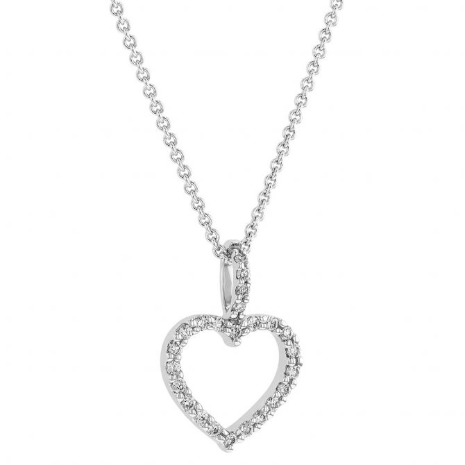 Diamond Open Heart Pendant in White Gold, 18"